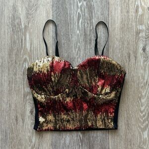 Y2K Codigo Disco Gold & Red Sequin Padded Bustier Crop Top Size S
